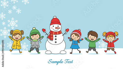 Cartoon Kids Playing with Snowman in Winter, Snowflakes, and Snowy Fun, Colorful Winter Wonderland Illustration