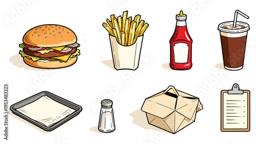 A vibrant set of various fast food and beverage elements collection featuring popular quick-serve restaurant items and accessories