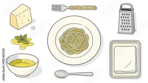 A delightful culinary collection featuring essential Italian food ingredients and cooking elements, perfect for gourmet dishes and authentic cuisine