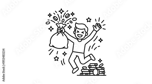 Excited Man Winning Money Bag Jumping Happily