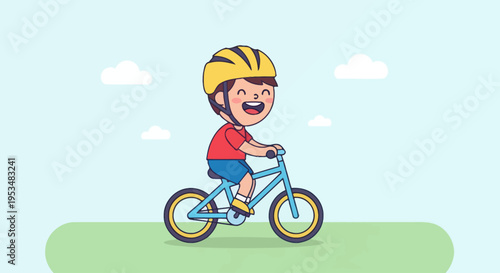 Happy child riding blue bicycle.