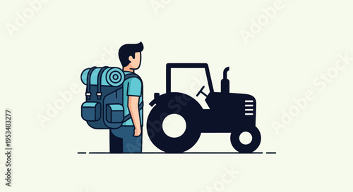 Man with backpack standing beside tractor.