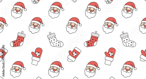 Festive seamless pattern featuring cute Santa Claus characters, decorated Christmas stockings, and winter mittens in red and white colors.