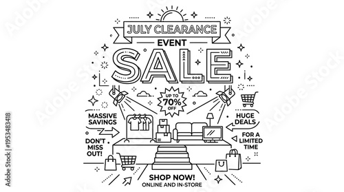 July Clearance Sale Event Promotion in Line Art
