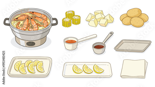 Diverse food and beverage collection various culinary elements for meal preparation, including fresh shrimp