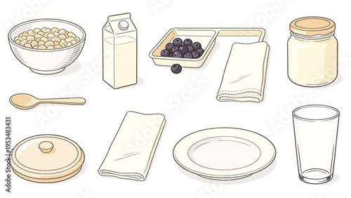 Breakfast food and beverage set elements collection featuring kitchenware and dining accessories for culinary designs