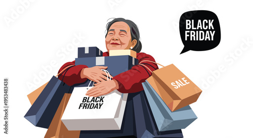Happy elderly woman hugging a huge stack of colorful shopping bags and gift boxes celebrating a successful Black Friday sale purchase.