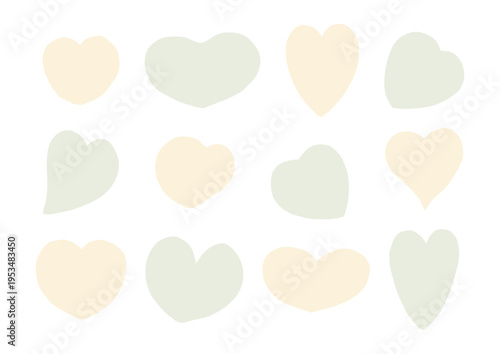 様々な形をしたハート型のゆるい手描きフレームセット（黄色・緑）