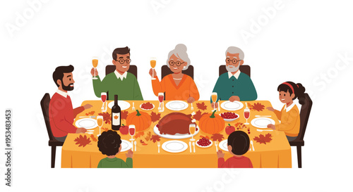 Happy multi-generational family gathering around a festive dinner table to celebrate Thanksgiving with roasted turkey and pumpkin decorations.