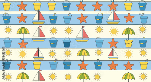 Colorful beach pattern with sailboats.