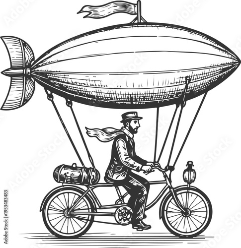 Steampunk airship bicycle vintage flying machine engraving illustration