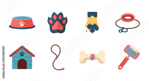 Dog Pet Care Accessories Icons Set.