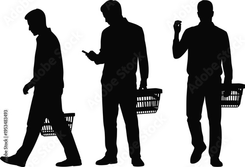 PrintSilhouette of three shoppers with baskets, walking, phone checking, product inspection, retail consumer activity illustration