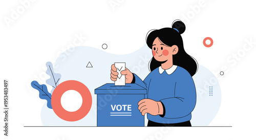 Cheerful young woman with black hair in a blue sweater casting her ballot paper into a blue voting box against an abstract background.