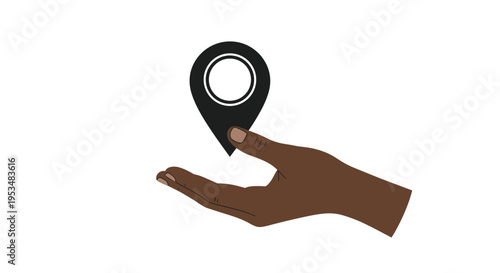 Human hand with a dark skin tone holding a black and white location pin map marker icon against a plain white background.