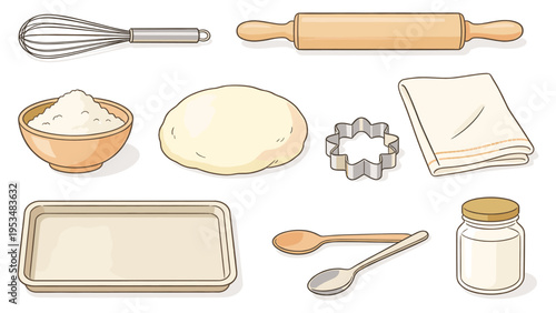 A vibrant collection of diverse baking essentials, including kitchen tools and raw ingredients, ready for culinary creations