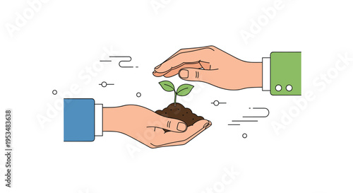 Conceptual illustration of two hands carefully holding and protecting a young green plant seedling growing from a small pile of fertile soil.
