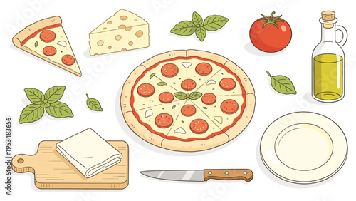 set elements various food and beverage collection featuring delicious Italian pizza ingredients and culinary components