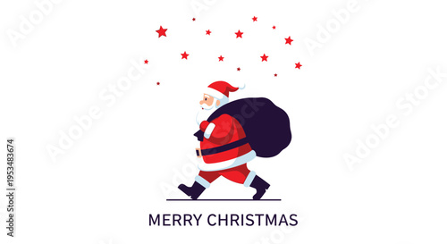 Cheerful Santa Claus walking while carrying a massive black sack of Christmas gifts under a sky filled with red and white stars.