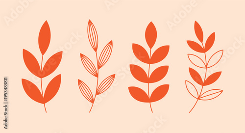 Four stylized orange botanical on a pale peach background plant leaf branch stem
