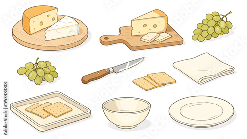 A diverse food and beverage collection featuring cheeses, grapes, crackers, and serving ware for snacks