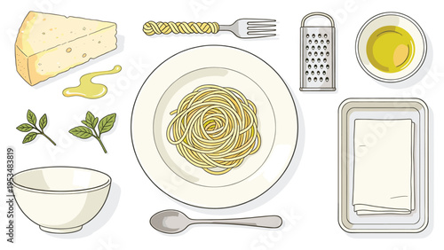 A curated collection of pasta ingredients and kitchen essentials for an Italian meal preparation set