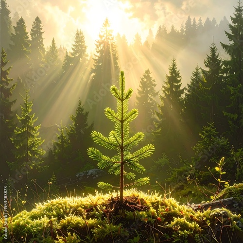 A young pine tree grows on a mossy mound in a sunlit forest
