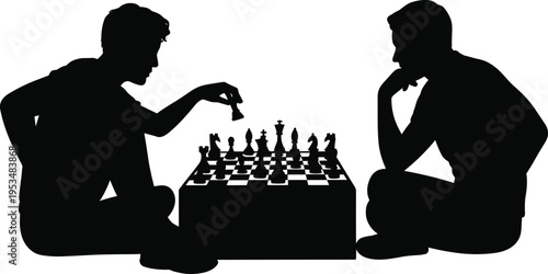 PrintSilhouette of two people playing chess, strategy competition, concentration 
