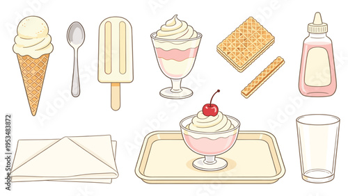 A delightful collection of various food and beverage elements, featuring sweet frozen desserts, treats, and serving items