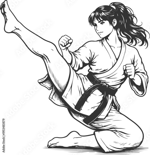 Female martial artist performing high kick karate vintage engraving illustration