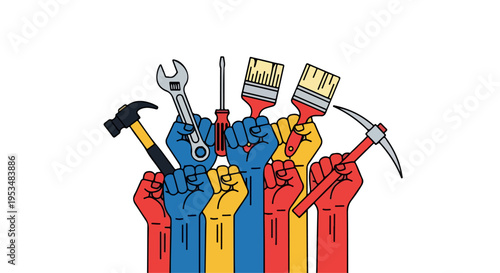Colorful illustration of raised fists holding various construction tools against a white background with a bold and symbolic mood.