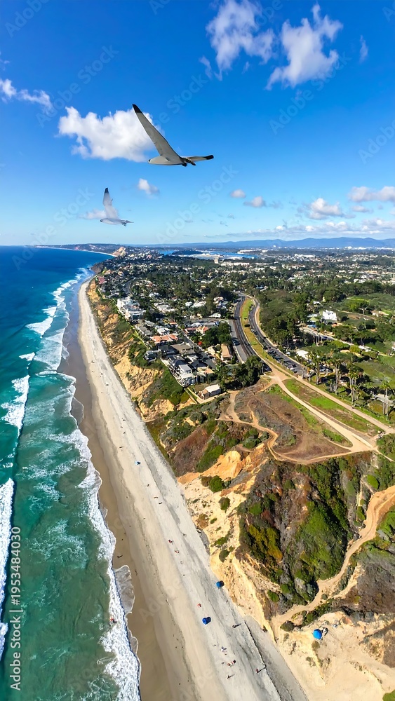 Fototapeta premium Aerial view of a coastline with beach, cliffs, and seagulls