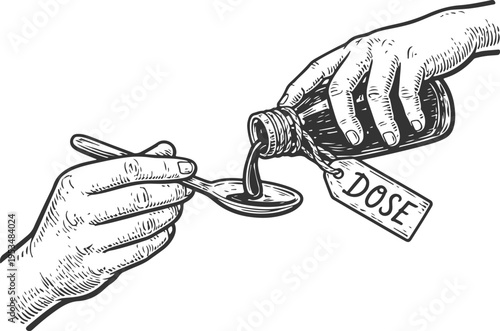 Medicine dose being poured into spoon vintage engraving illustration