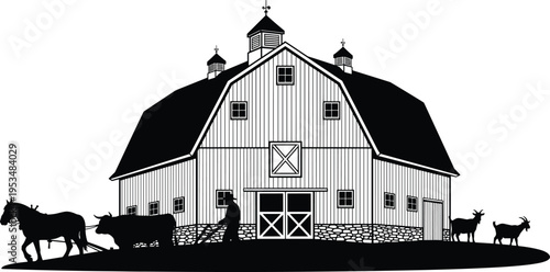 Barn farm silhouette illustration, rural agriculture artwork, traditional countryside design, livestock graphic, classic farming concept, rustic homestead scene
