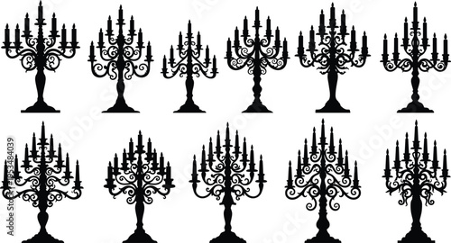 Candelabra silhouette illustration set, ornate candle holder artwork, decorative lighting design, classical ornament graphic, vintage elegance concept scene
