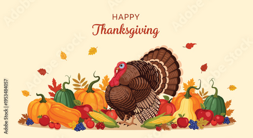 Thanksgiving illustration features a proud turkey standing amidst a bountiful harvest of pumpkins, corn, apples, and colorful autumn leaves.