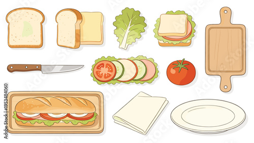A comprehensive set of various food elements for sandwich creation, featuring essential ingredients and kitchen tools collection