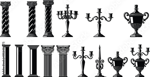 Classical decorative silhouette collection, architectural outline figure, candelabra motif illustration, urn icon art, Corinthian column design graphic, antique symbol