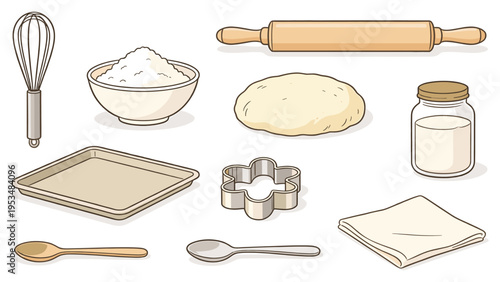 A comprehensive set of various baking elements and culinary tools essential for creating delicious homemade treats