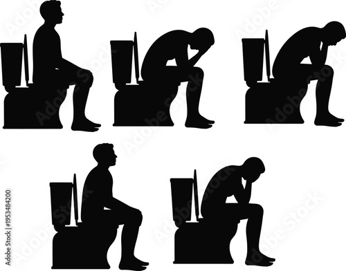 PrintSilhouette person sitting toilet various postures, stress discomfort contemplation 