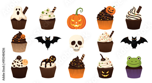 Set of Halloween themed treats includes spooky cupcakes with ghosts, eyes, pumpkins, bats, skulls, and a cute green frog character.