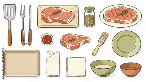 Curated collection of cooking elements fresh meat, diverse kitchen utensils, spices, and serving items