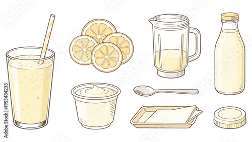 Refreshing set elements various food and beverage collection featuring lemon drink ingredients and preparation items