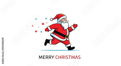 Happy Santa Claus in his traditional red suit is running joyfully with colorful stars trailing behind him against a white background.