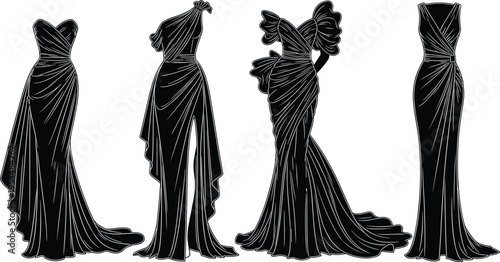 Evening gown silhouette collection, fashion outline figure, formal wear motif illustration, dress icon art, couture design graphic, elegant style symbol
