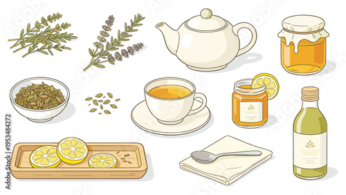 Various Food and Beverage Collection Herbal Tea Ingredients, Honey, Lemon, and Teapot Set Elements for Wellness