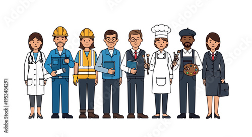 Illustration of diverse professionals standing in a row against a white background with a flat design style.