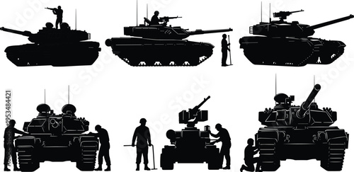 Military tank silhouette collection, soldier outline figure, army motif illustration, combat icon art, defense design graphic, warfare symbol image