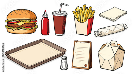 set elements various food and beverage collection featuring classic fast food items and essential dining accessories