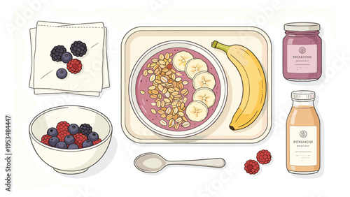 A vibrant collection of various healthy breakfast food elements and nutritious beverages, beautifully arranged for a balanced meal